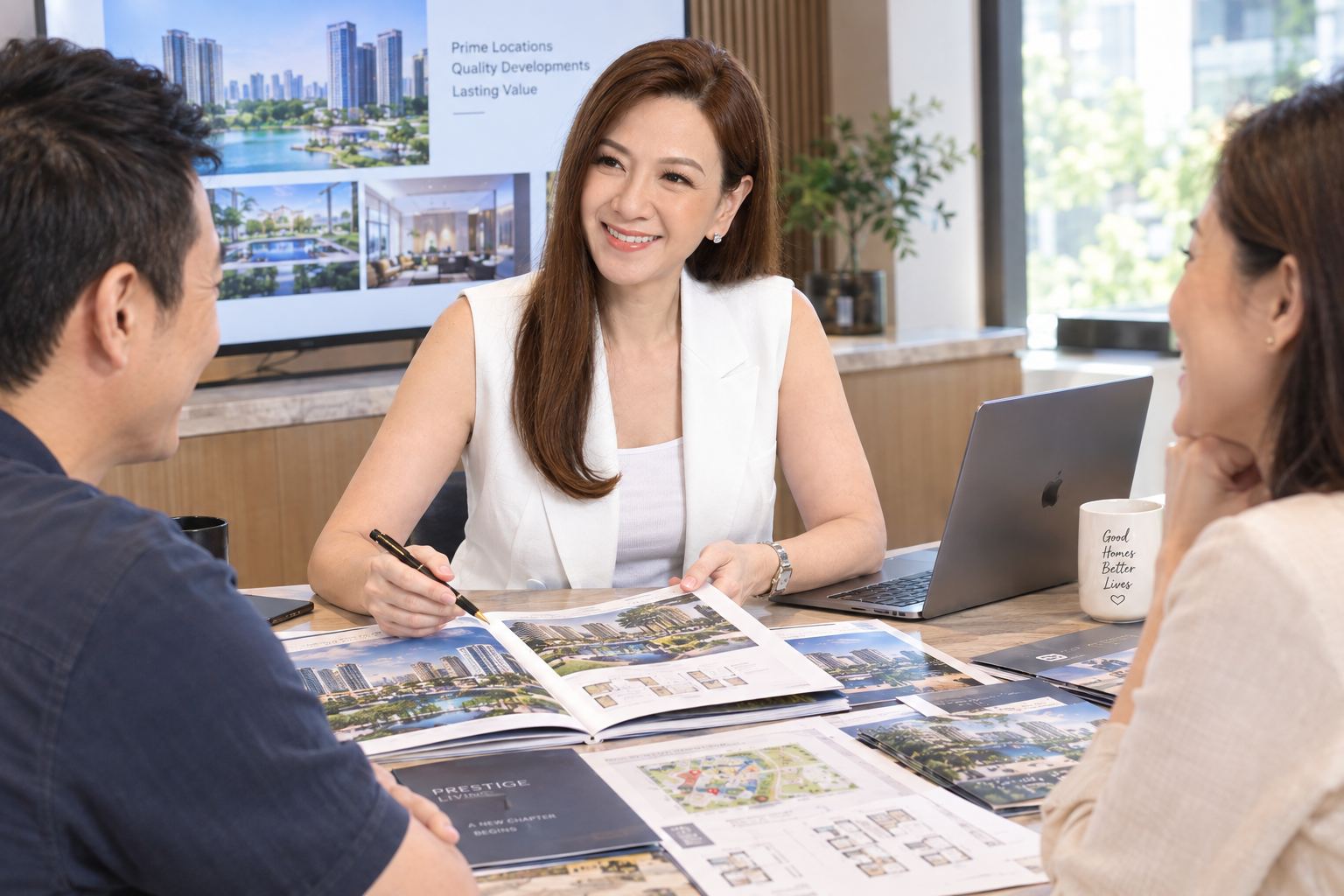 Consultant going through Dunearn House brochures and floor plans with a couple